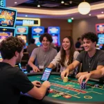 Exciting scene at credit card casinos with players enjoying diverse games and vibrant atmosphere