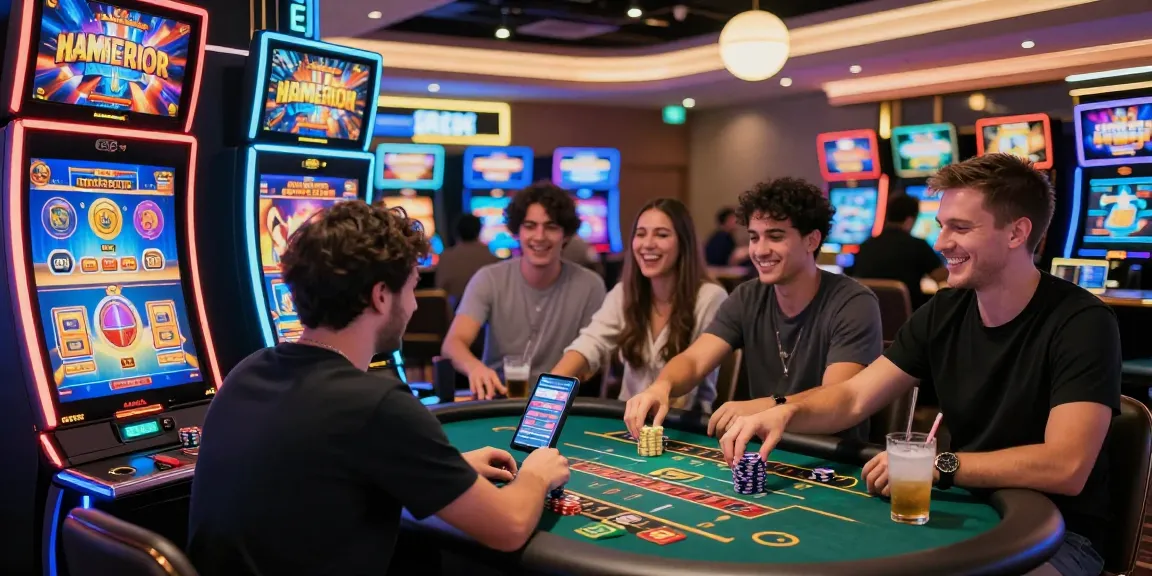 Exciting scene at credit card casinos with players enjoying diverse games and vibrant atmosphere