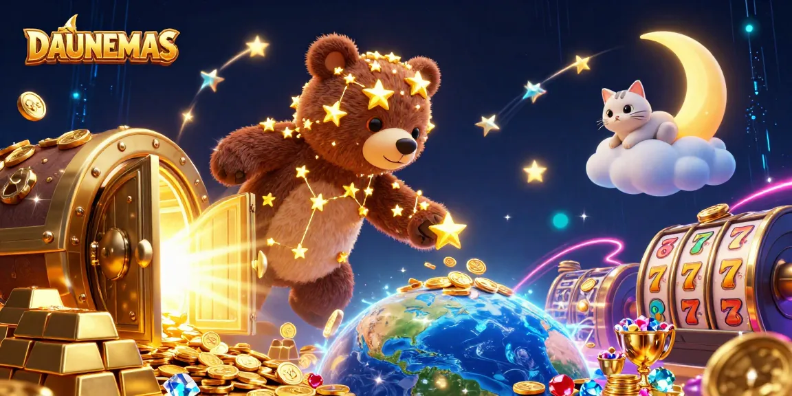 DAUNEMAS shines with golden treasures and animated characters in this vibrant casino scene.