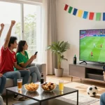 Excited friends enjoying a live match on موقع IHD Sports, snacks and jerseys creating a vibrant atmosphere.