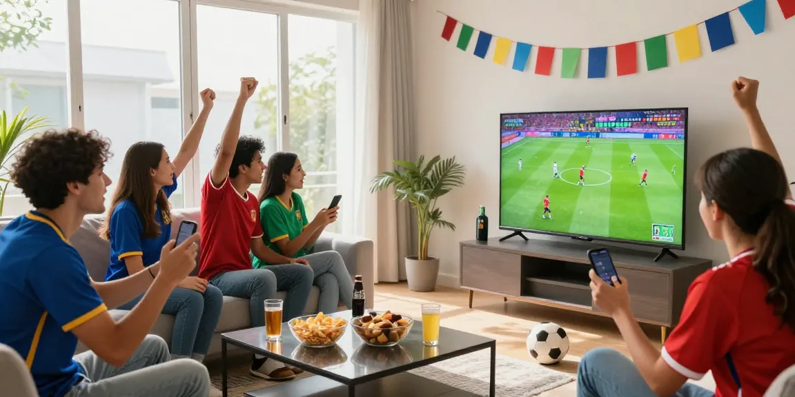 Excited friends enjoying a live match on موقع IHD Sports, snacks and jerseys creating a vibrant atmosphere.