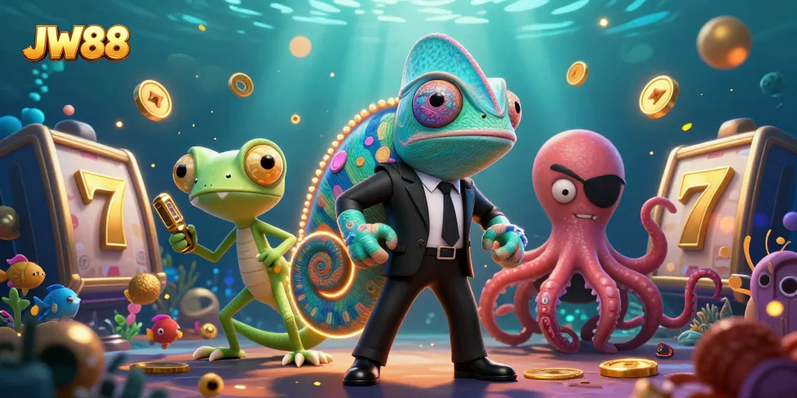 Experience thrilling gaming with JW88's dynamic underwater world featuring colorful slot reels and vibrant characters.