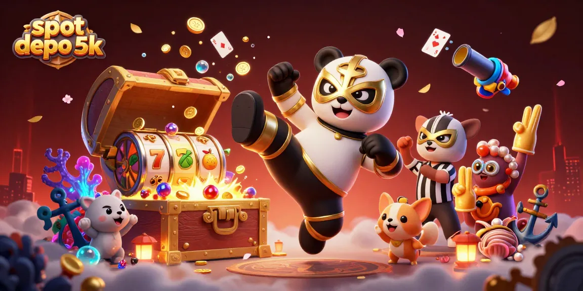 Engaging scene with slot depo 5k, featuring a panda wrestler and animal fans celebrating a jackpot moment.