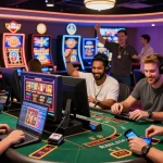 Dynamic players enjoying visa casinos with credit card transactions in a vibrant online casino setting.